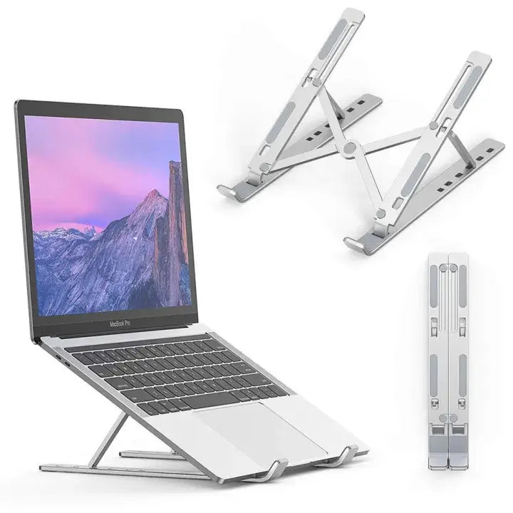 Folding Adjustable Steel Laptop Stand - Portable Ergonomic Multi Angle Desk Riser Lightweight Heat Dissipation Notebook Holder Mount