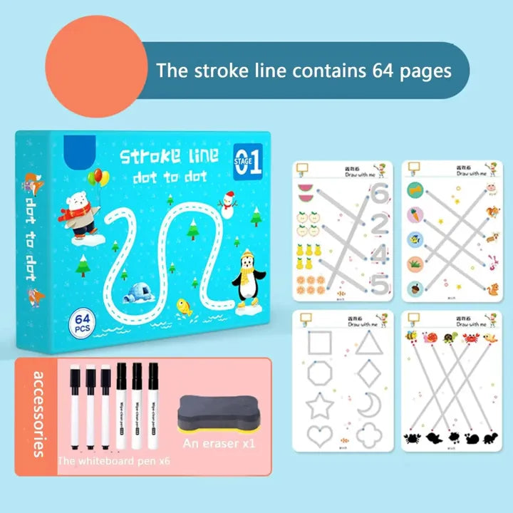 A4 Kids Educational Learning Tracing Book | 64 Pages Dot-to-Dot Activity Workbook with 2 Markers (Big Size)